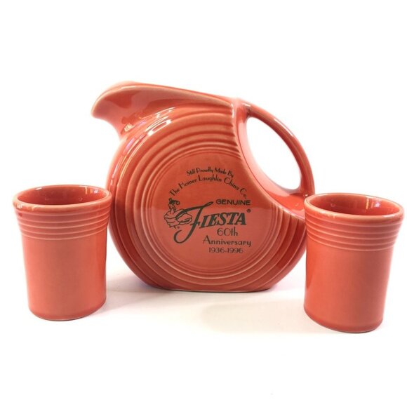 Fiesta Fiestaware 60th Anniversary Persimmon Disc Pitcher 2 Tumblers - Picture 1 of 12